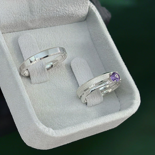 Par de Alianças 3mm em Prata 950 com Anel Solitário - Colômbia