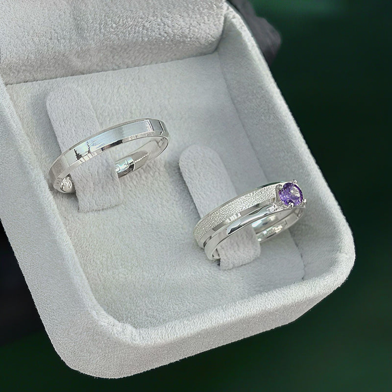 Par de Alianças 3mm em Prata 950 com Anel Solitário - Colômbia