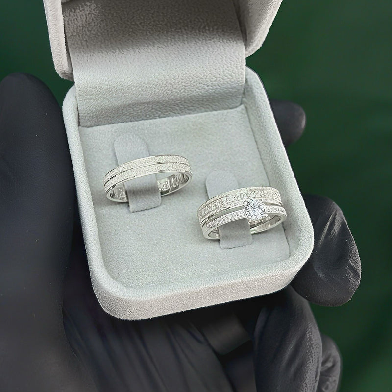 Par de Alianças 4mm em Prata 950 com Anel Solitário Cravejado - Aurion