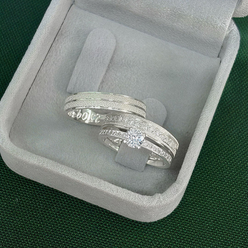 Par de Alianças 4mm em Prata 950 com Anel Solitário Cravejado - Aurion