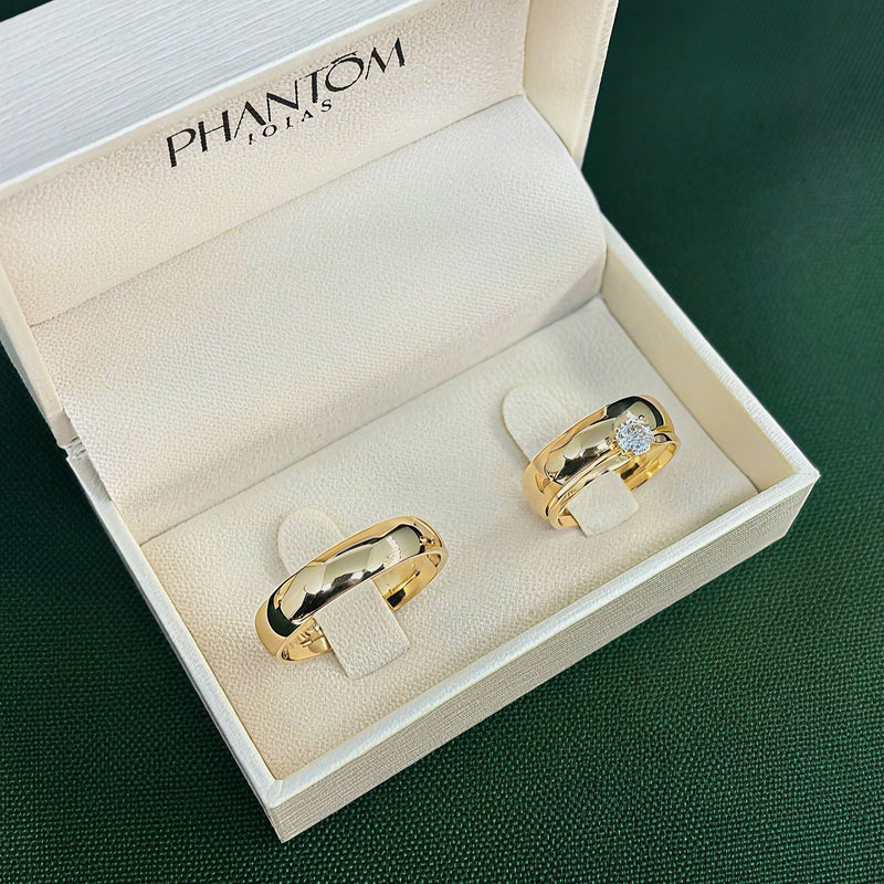 Par de Alianças 5mm Banhada a Ouro 18k com Anel Solitário - Eryen