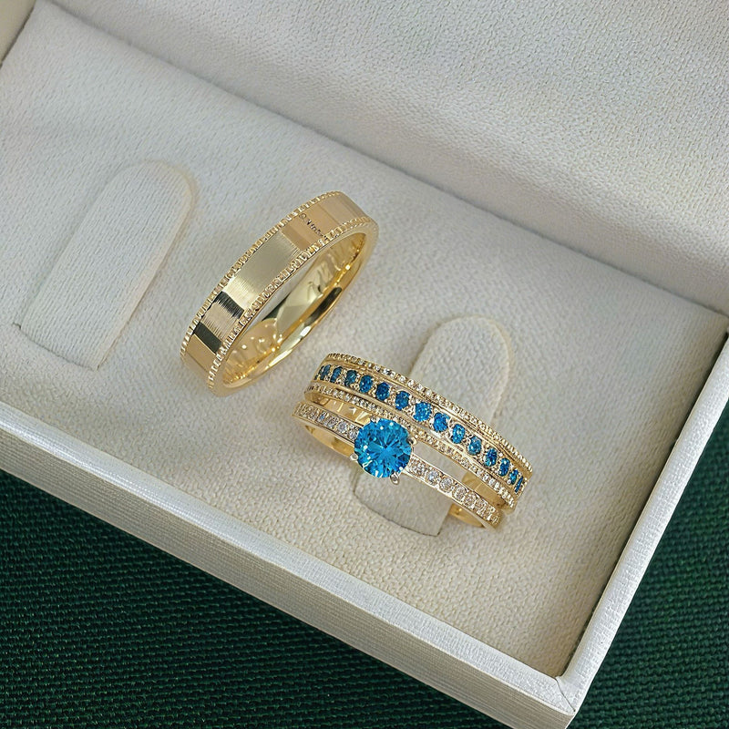 Par de Alianças 4mm Banhada a Ouro 18k com Anel Solitário - Boston