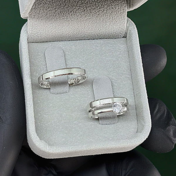 Par de Alianças 3mm em Prata 950 com Anel Solitário - Sirius