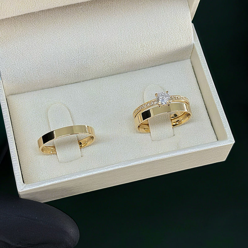 Par de Alianças 3mm Banhada a Ouro 18k com Anel Solitário Cravejado - Aryel