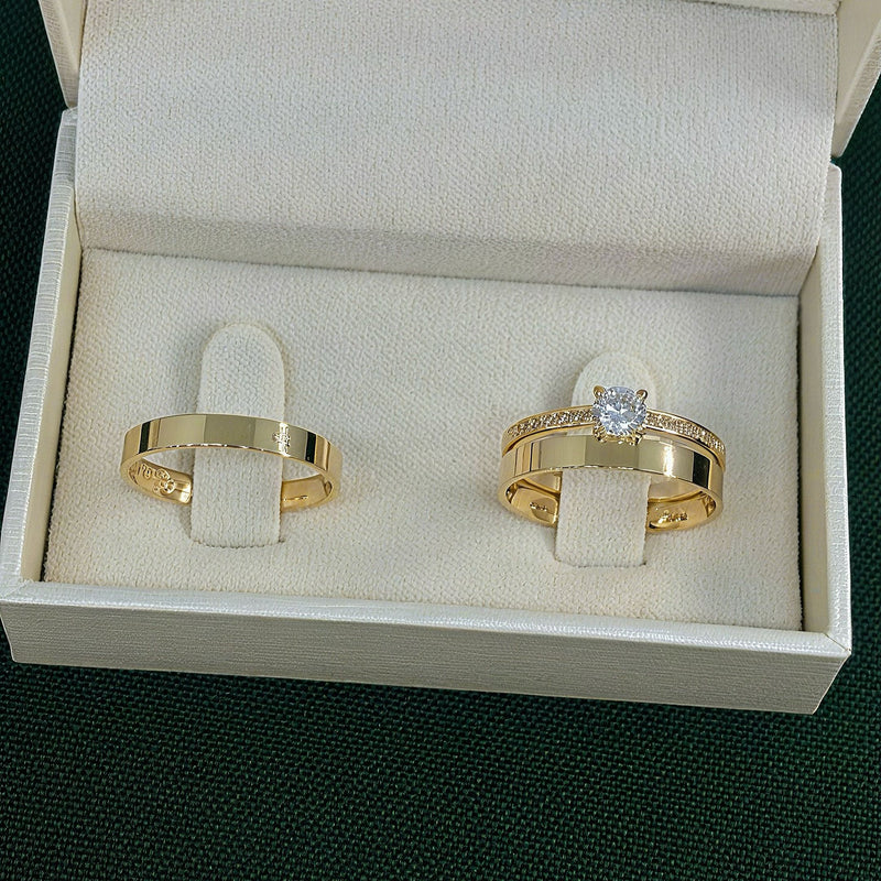 Par de Alianças 3mm Banhada a Ouro 18k com Anel Solitário Cravejado - Aryel