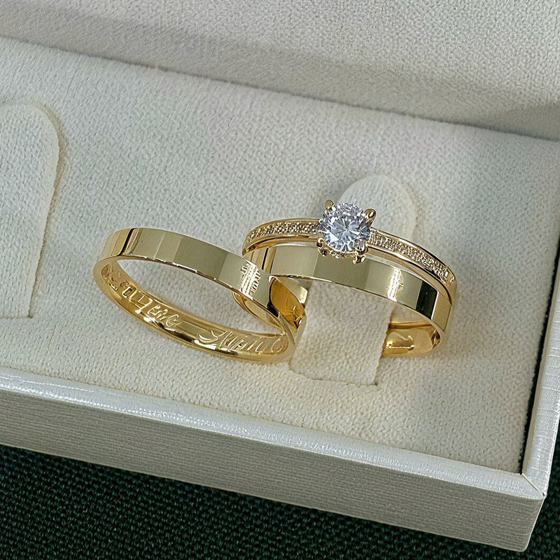 Par de Alianças 3mm Banhada a Ouro 18k com Anel Solitário Cravejado - Aryel