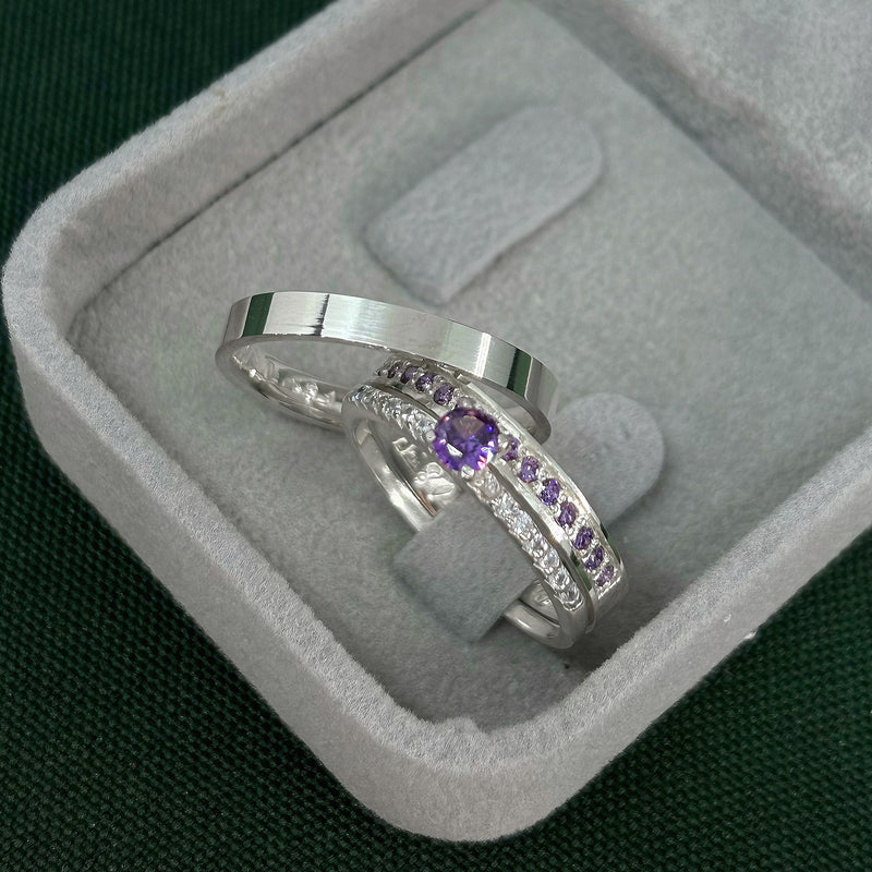 Par de Alianças 3mm de Prata 950 com Anel Solitário Cravejado - Violeta