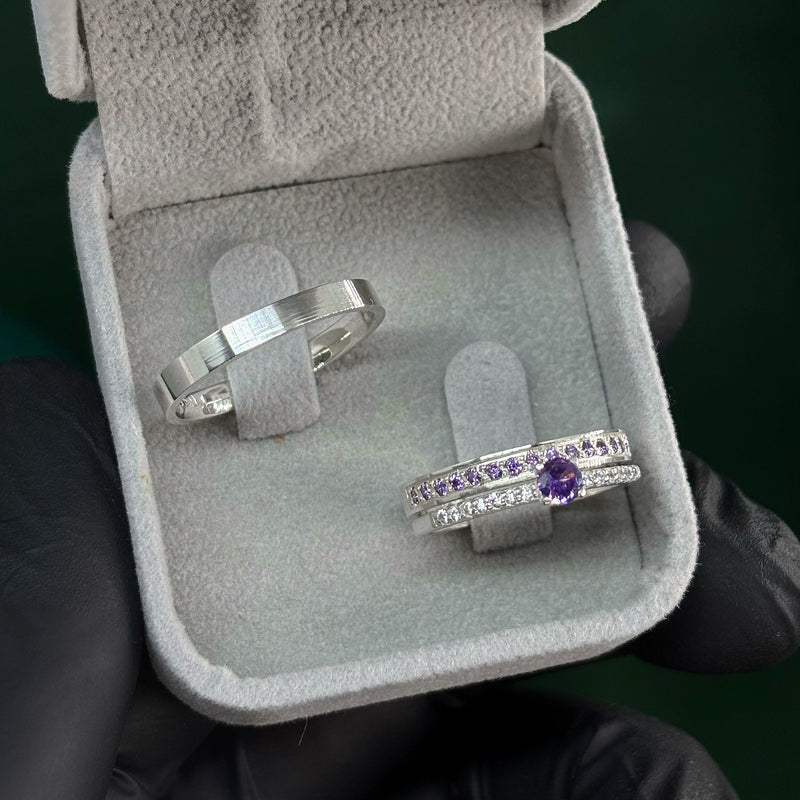 Par de Alianças 3mm de Prata 950 com Anel Solitário Cravejado - Violeta