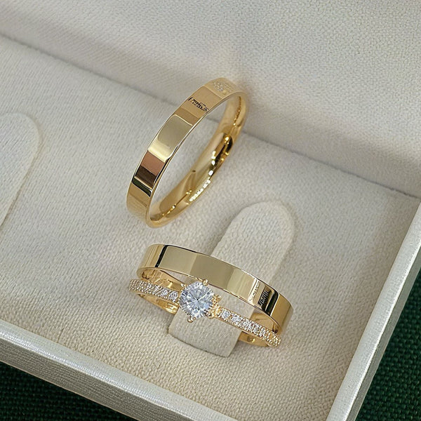 Par de Alianças 3mm Banhada a Ouro 18k com Anel Solitário Cravejado - Aryel