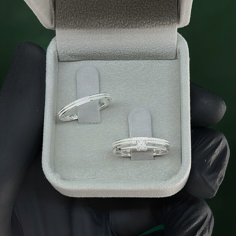 (Pronta Entrega) Par de Alianças 2mm em Prata 950 com Anel Solitário - Elysia