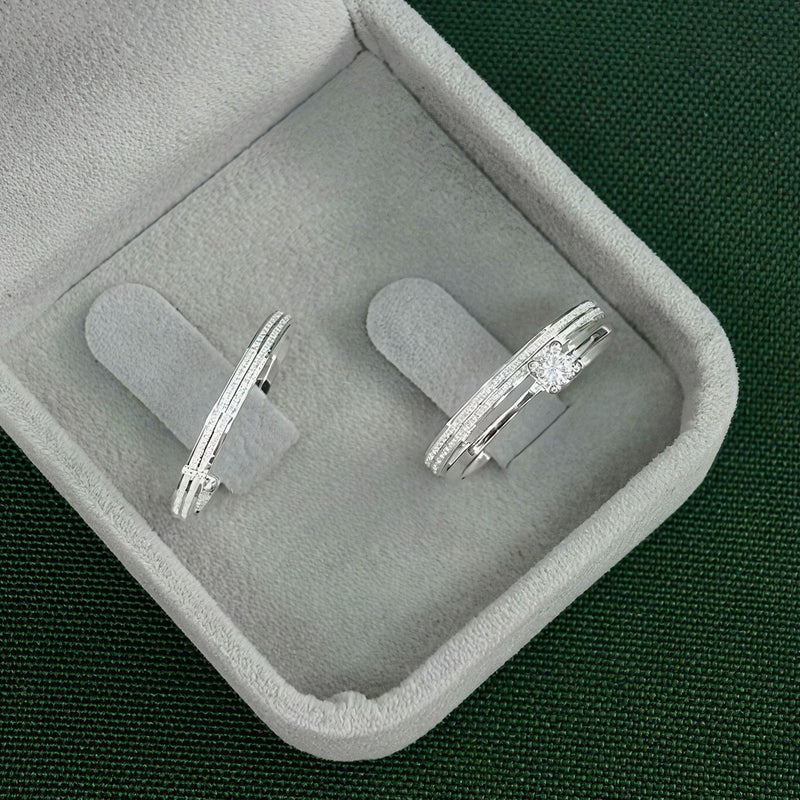 (Pronta Entrega) Par de Alianças 2mm em Prata 950 com Anel Solitário - Elysia