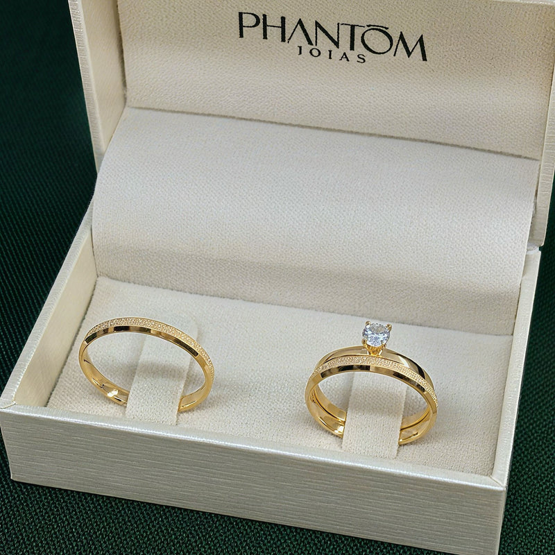 Par de Alianças 2,5mm Banhada a Ouro 18k com Anel Solitário - Larys