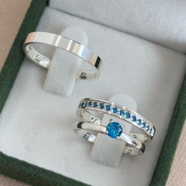Par de Alianças 3mm em Prata 950 com Anel Solitário - Blue