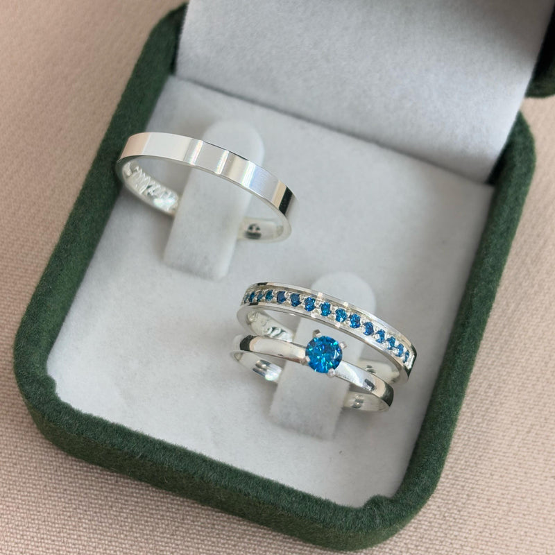 Par de Alianças 3mm em Prata 950 com Anel Solitário - Blue