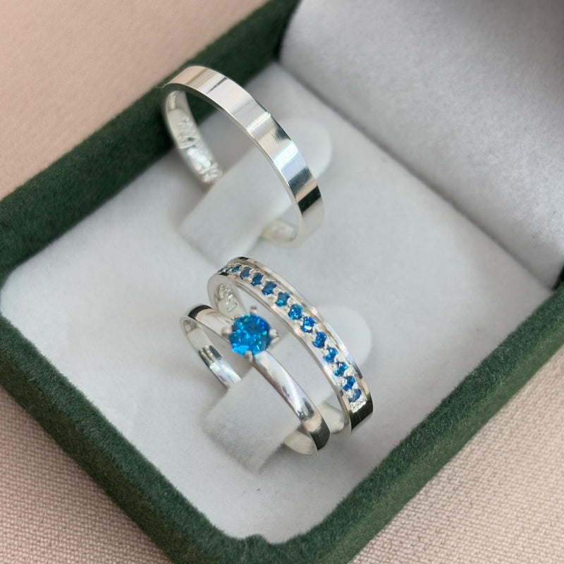 Par de Alianças 3mm em Prata 950 com Anel Solitário - Blue