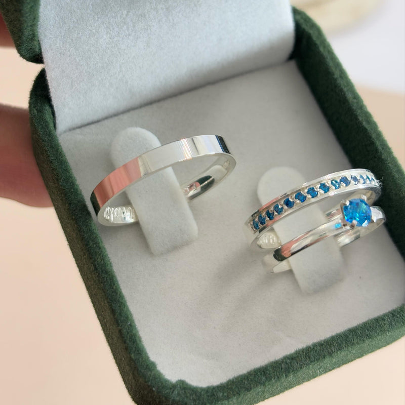 Par de Alianças 3mm em Prata 950 com Anel Solitário - Blue